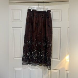 VNTG 80s Bronze Lace‎ Overlay Floral Side Splits Pull On Stretch Waist Skirt 22W